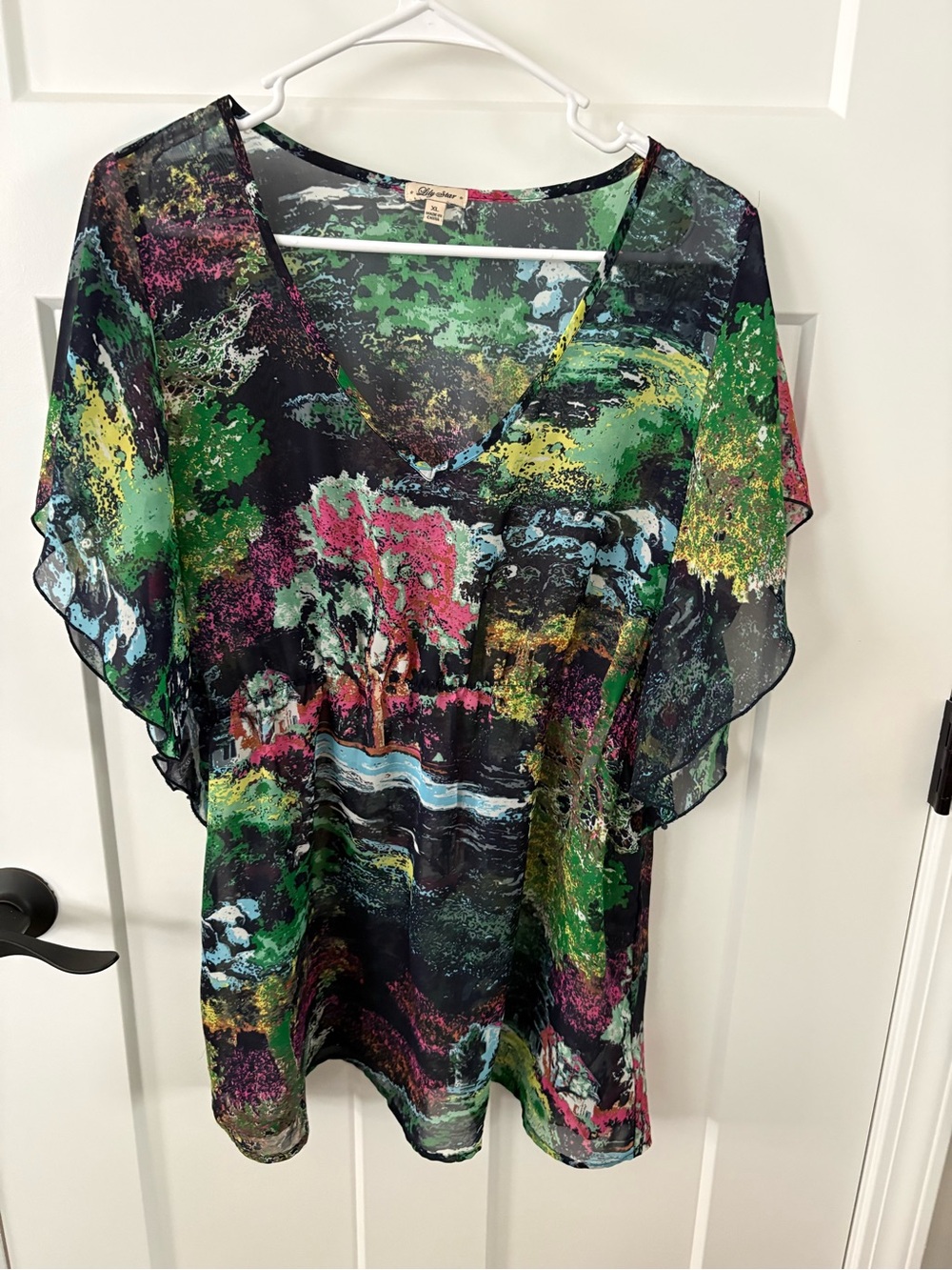 Lily Star Mesh Tunic – Landscape & Floral Print – Ruffle Sleeves – Size XL